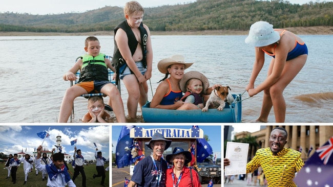 Clockwise from top; Rigby, 8, Trader, 9, Tucker, 10, Dolly, 12, Dottie, 3, and Daisy, 11, with Lil the dog, celebrate Australia Day at Burrendong Dam near Wellington in NSW; new Aussie Isaac Boakye from Brisbane; Tedd and Shirley Mumme at the Hot 100 Ute Run, Hidden Valley; Ahmadiyya Muslim Community kids celebrate in Sydney. Picture: Clancy Paine, Pema Tamang Pakhrin, Getty Images