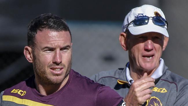 Darius Boyd (left) and coach Wayne Bennett (right) of the Broncos in action during training in Brisbane, Tuesday, July 25, 2017. (AAP Image/Glenn Hunt) NO ARCHIVING