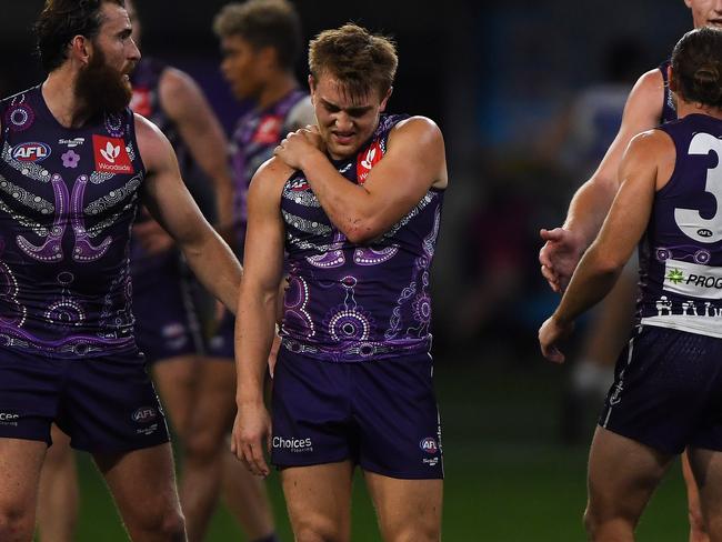 Mitch Crowden hurt his shoulder. Picture: AFL Photos/Getty Images