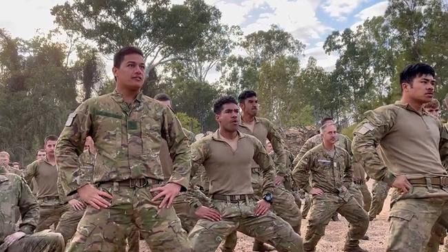 New Zealand soldiers perform the Haka Tu in the Queensland bush before Exercise Talisman Sabre 2023. Picture: 2023