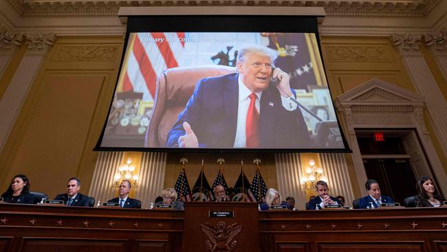 Mr Trump displayed on a screen during the final US House Select Committee hearing into the January 6 riots. Picture: AFP