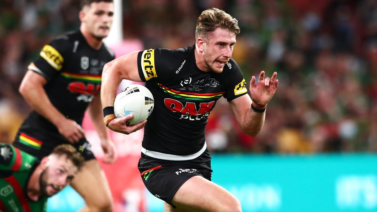 BRISBANE, AUSTRALIA - OCTOBER 03: Paul Momirovski of the Panthers runs the ball during the 2021 NRL Grand Final match between the Penrith Panthers and the South Sydney Rabbitohs at Suncorp Stadium on October 03, 2021, in Brisbane, Australia. (Photo by Chris Hyde/Getty Images)