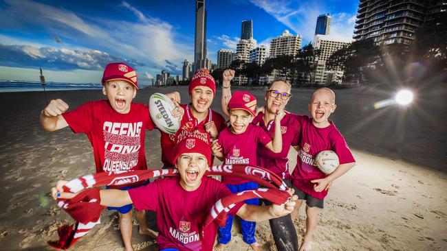 Michala Higgins and her four Origin mad kids Kian, 7, Jaylaan, 15, Maharlia, 8, Adannah, 5. and their mate Iowa Maclachlan, 7 are pumped Game III will be played on the Gold Coast. Picture: Nigel Hallett.