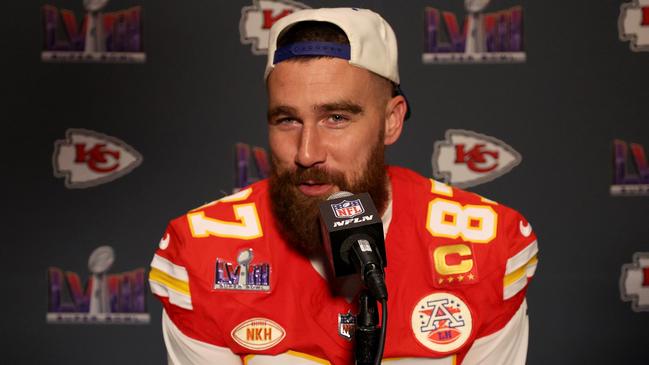 Travis Kelce #87 of the Kansas City Chiefs speaks to the media ahead of Super Bowl LVIII. Picture: Getty