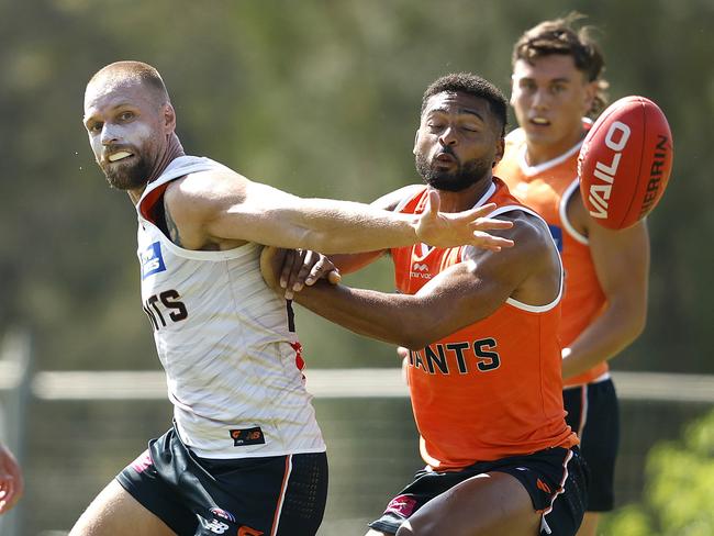 Jake Stringer matched up on Connor Idun at GWS’ match sim. Picture: Phil Hillyard.