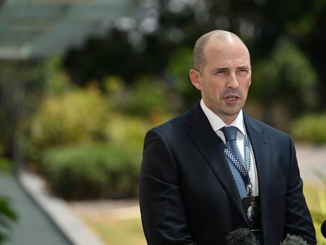 Queensland Police Service Moreton District Crime Group Detective Inspector Ben Fadian talks to the media outside the Caboolture police station about a homicide investigation after a 51-year-old woman was found dead in her home in Melia St, Bongaree, north of Brisbane. Picture: Lyndon Mechielsen