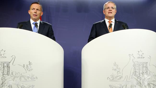 Then prime minister Tony Abbott and Scott Morrison. Picture: Stephen Cooper