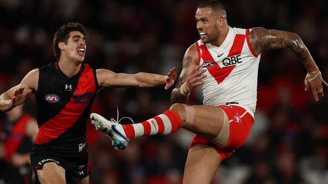 Sydney superstar Lance Franklin’s last kick in AFL footy during the round 20 match between Essendon. Picture: Michael Klein.