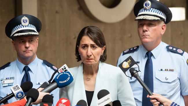 Acting Deputy Commissioner Michael Willing, NSW Premier Gladys Berejiklian and NSW Police Force Commissioner Michael Fuller today. Picture: Monique Harmer