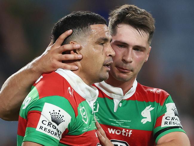 SYDNEY, AUSTRALIA - MARCH 25:  Cody Walker of the Rabbitohs  celebrates scoring a try wth team mates Lachlan Ilias of the Rabbitohs during the round four NRL match between South Sydney Rabbitohs and Manly Sea Eagles at Accor Stadium on March 25, 2023 in Sydney, Australia. (Photo by Mark Metcalfe/Getty Images)