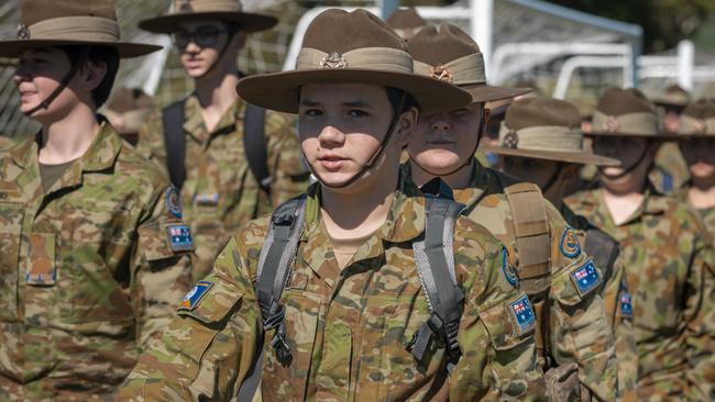 Australian Army Cadets march onto Duncan Oval as part of a public display.