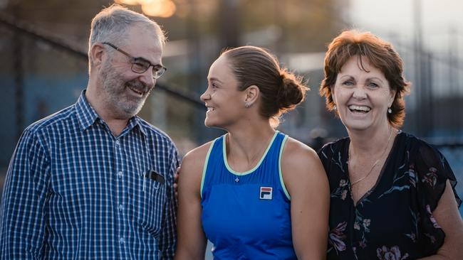 Ash Barty with her parents Robert and Josie. Picture: Nic Morley