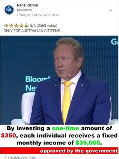 Australian billionaire Andrew "Twiggy" Forrest has been the victim of five new scam ads published on Meta’s platforms every single day. Supplied