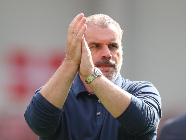 BRENTFORD, ENGLAND - AUGUST 13: Ange Postecoglou, Manager of Tottenham Hotspur, applauds the fans after the draw in the Premier League match between Brentford FC and Tottenham Hotspur at Gtech Community Stadium on August 13, 2023 in Brentford, England. (Photo by Julian Finney/Getty Images)