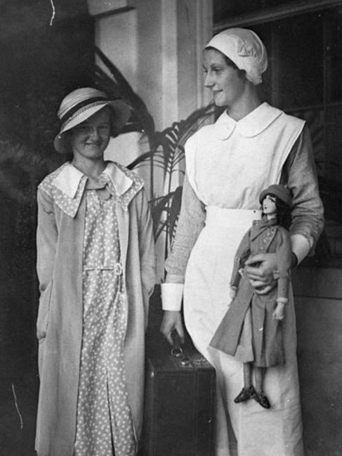 Beryl Morrin with a Canterbury Hospital nurse after losing her hands in a shark attack. Picture: State Library of NSW.