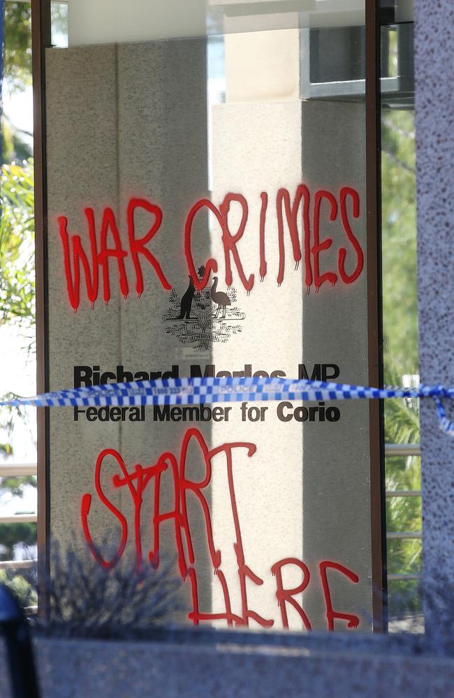 Protesters attacked Richard Marles' office in Corio. Picture: Alan Barber