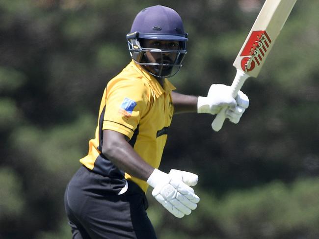 Dilan Chandima in action during the GDCA Cricket match between Sunbury United and Woodend in Sunbury, Saturday, Feb. 22, 2020. Picture:Andy Brownbill