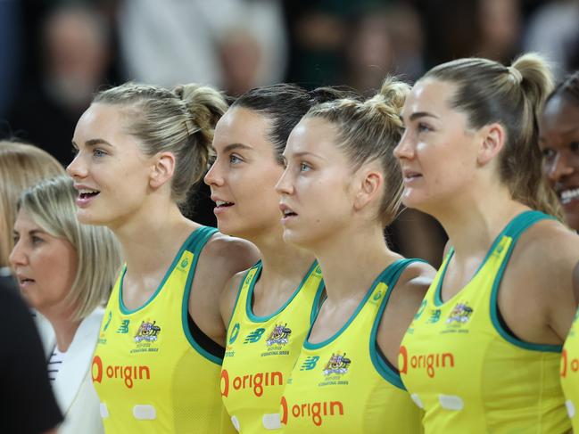 AUCKLAND, NEW ZEALAND - OCTOBER 12: Ruby Bakewell-Doran of the Australian Diamonds (C) sings the anthem during the Constellation Cup netball match between New Zealand and Australia at Spark Arena on October 12, 2022 in Auckland, New Zealand. (Photo by Phil Walter/Getty Images)