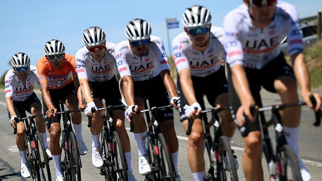 WILLUNGA, AUSTRALIA - JANUARY 20: Isaac Del Toro Romero of Mexico - Orange Santos Leader's Jersey and Finn Fisher-Black of New Zealand and UAE Team Emirates compete during the 24th Santos Tour Down Under 2024, Stage 5 a 129.3km stage from Christies Beach to Willunga Hill 372m on January 20, 2024 in Willunga Hill, Australia. (Photo by Tim de Waele/Getty Images)