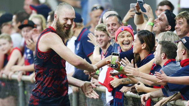 Max Gawn celebrates Melbourne’s win over Fremantle in Darwin.