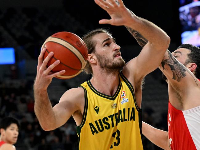 Sam Froling, pictured in an earlier World Cup qualifier, was instrumental for the Boomers in their Kazakhstan demolition. Picture: AFP