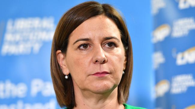 Queensland LNP Leader Deb Frecklington is seen during a press conference discussing the expulsion of the Member for Whitsunday, Jason Costigan from the LNP. Picture: AAP Image/Darren England