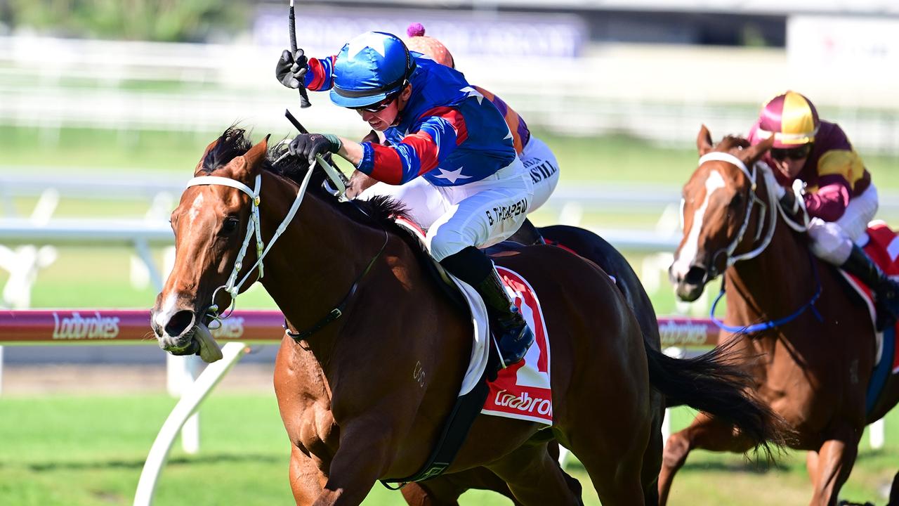 Supplied Editorial Rockhampton rocket Chinny Boom darts clear under jockey Ben Thompson
  to win at Doomben. Picture: Grant Peters - Trackside Photography