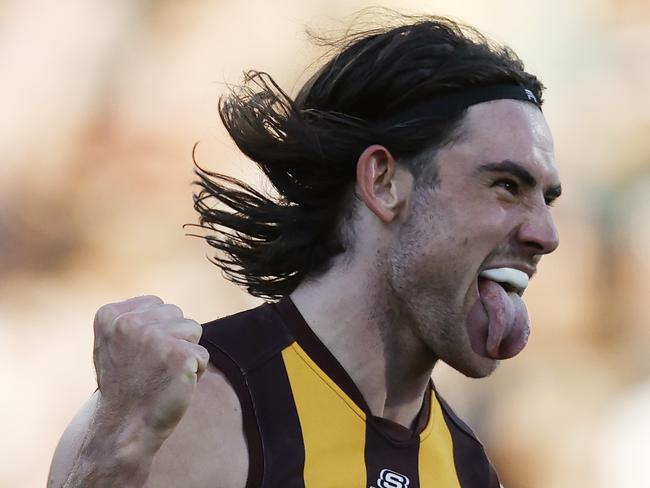 MELBOURNE , AUSTRALIA. April 7 , 2024.  AFL Gather Round. Round 4. Collingwood vs Hawthorn at the Adelaide Oval.   Jai Newcombe of the Hawks celebrates a 2nd quarter goal   . Pic: Michael Klein