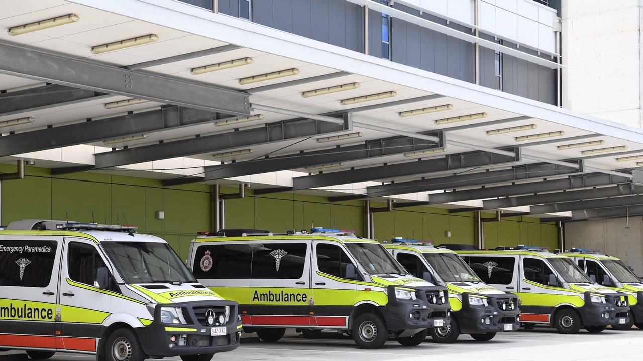 Ambulances ramped at outside emergency room at Sunshine Coast University Hospital. Picture: Patrick Woods.