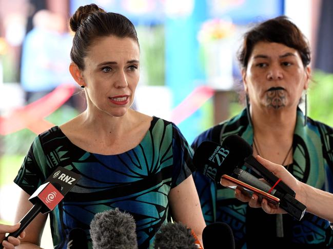 New Zealand Prime Minister Jacinda Ardern (L) speaks as Foreign Minister Nanaia Mahuta (R) looks on during a press conference at the Pacific Islands Forum (PIF) in Suva on July 13, 2022. (Photo by William WEST / AFP)