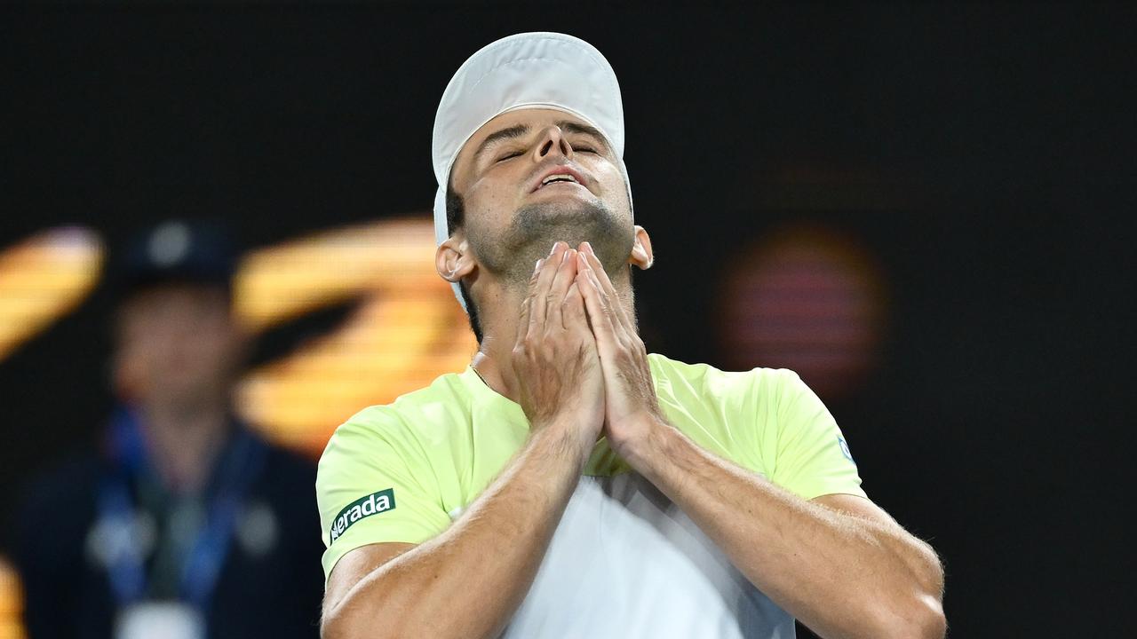 Aleksandar Vukic celebrates his huge victory over Sebastian Korda. (Photo by Hannah Peters/Getty Images)