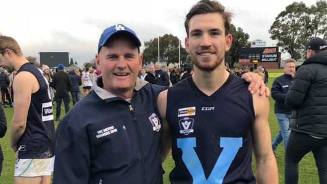 South Croydon 2009 premiership coach Paris Harvie with Frank Anderson after the Vic Metro and Vic Country game. Picture: Phil Lovell