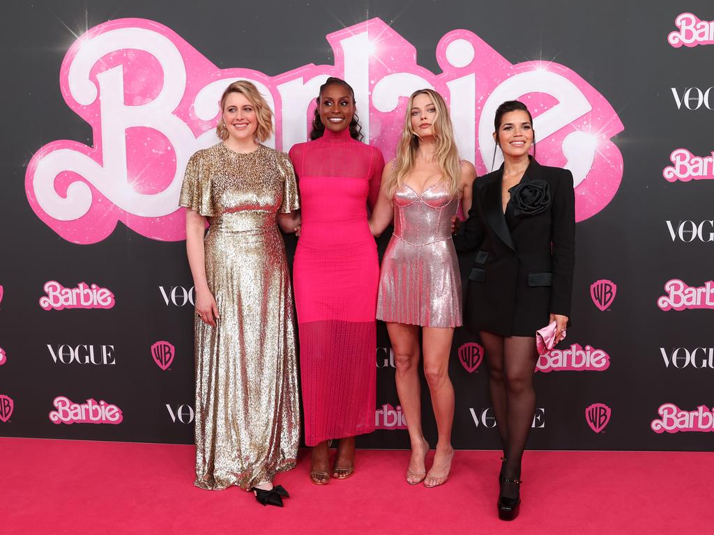 Greta Gerwig, Issa Rae, Margot Robbie and America Ferrera walk the pink carpet. Picture: Don Arnold/WireImage