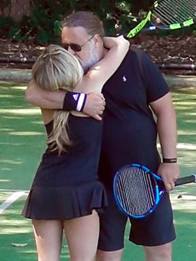 Crowe playing tennis with Britney Theriot in Woolloomooloo. Picture: Matrix