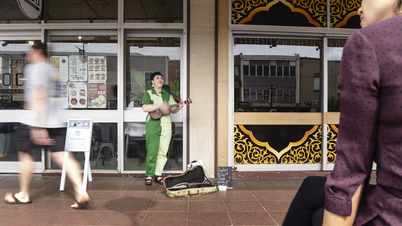 Daphne Kelly performs at the Toowoomba Busking Festival, Saturday, April 29, 2023. Picture: Kevin Farmer