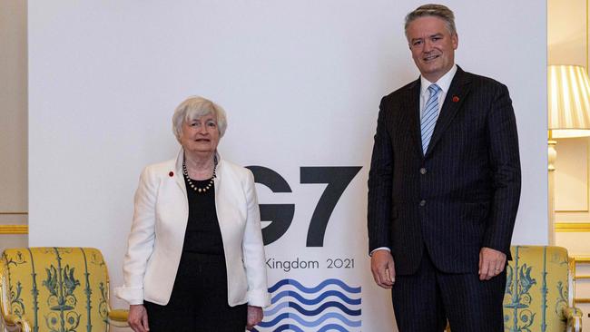 US Treasury Secretary Janet Yellen and OECD Secretary-General Mathias Cormann at the G7 Finance Ministers meeting in London. Picture: AFP