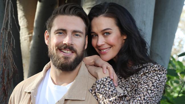 Megan Gale and Shaun Hampson talking about their future business plans. Picture: Alex Coppel