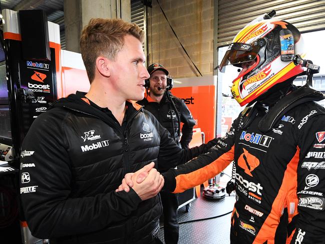 (L-R) Ryan Walkinshaw team owner of Walkinshaw Andretti United congratulates James Courtney. Picture: Getty