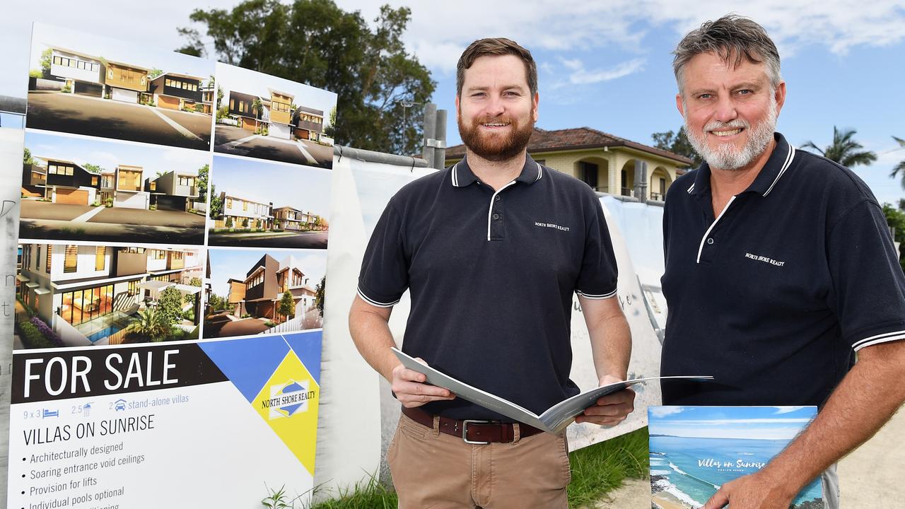 Ben Thompson and Keith Blanchard of North Shore Realty inspect the Villas on Sunrise site at Coolum Beach. Picture: Patrick Woods.