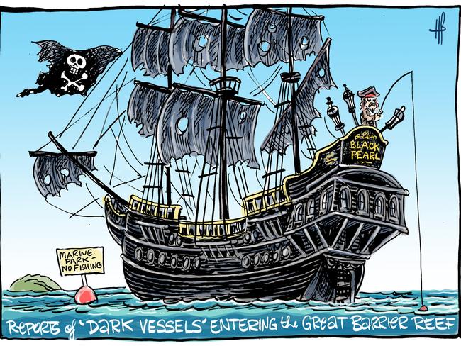 Mackay Daily Mercury cartoonist Harry Bruce's take on dark vessels within the Great Barrier Reef.