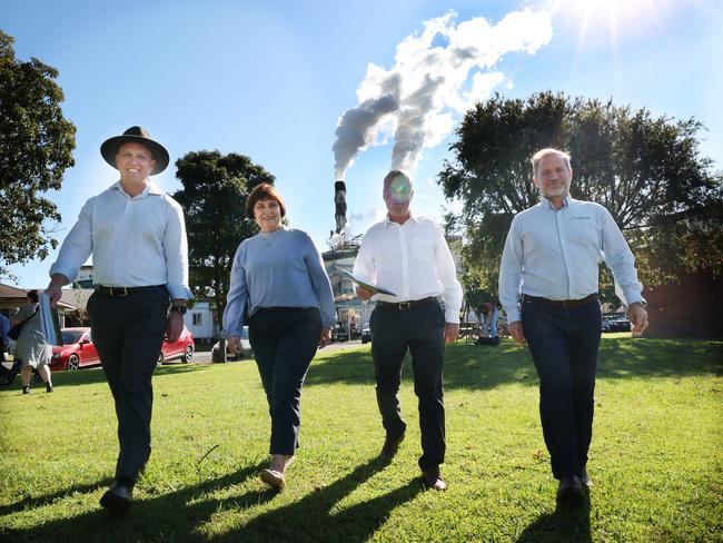 Deputy Premier Steven Miles, Mackay MP Julieanne Gilbert, Mackay Regional Council Mayor Greg Williamson, and Mackay Sugar CEO Jannik Olejas at Racecourse Mill on Wednesday, August 16, 2023, to talk about two industrial sites in Mackay being declared a State Development Area. Picture: Contributed