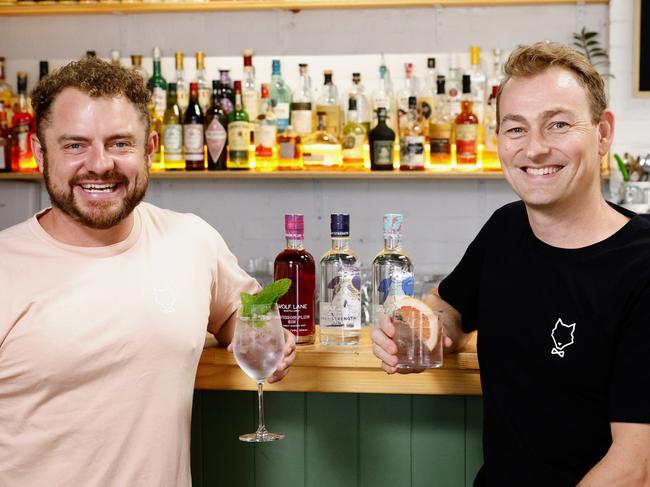 Wolf Lane Distillery has been recognised with multiple awards for its gins, including for the navy strength gin and Davidson Plum-infused gin. Wolf Lane owners Sam Kennis and Darren Barber enjoy the fruits of their labour in the company's laneway distillery off Abbott Street. Picture: Brendan Radke