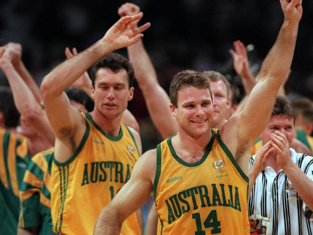 Australia’s Boomers celebrate their quarterfinal victory over Croatia at the 1996 Atlanta Olympic Games.