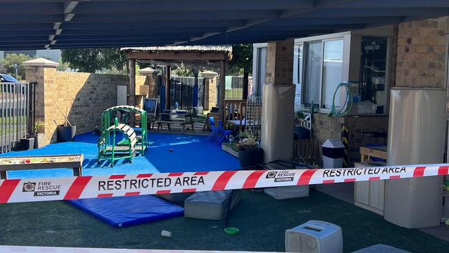 Fencing and playground items left within the scene where a car crashed through a playground at a Sunshine West early learning centre. Picture: Fergus Ellis