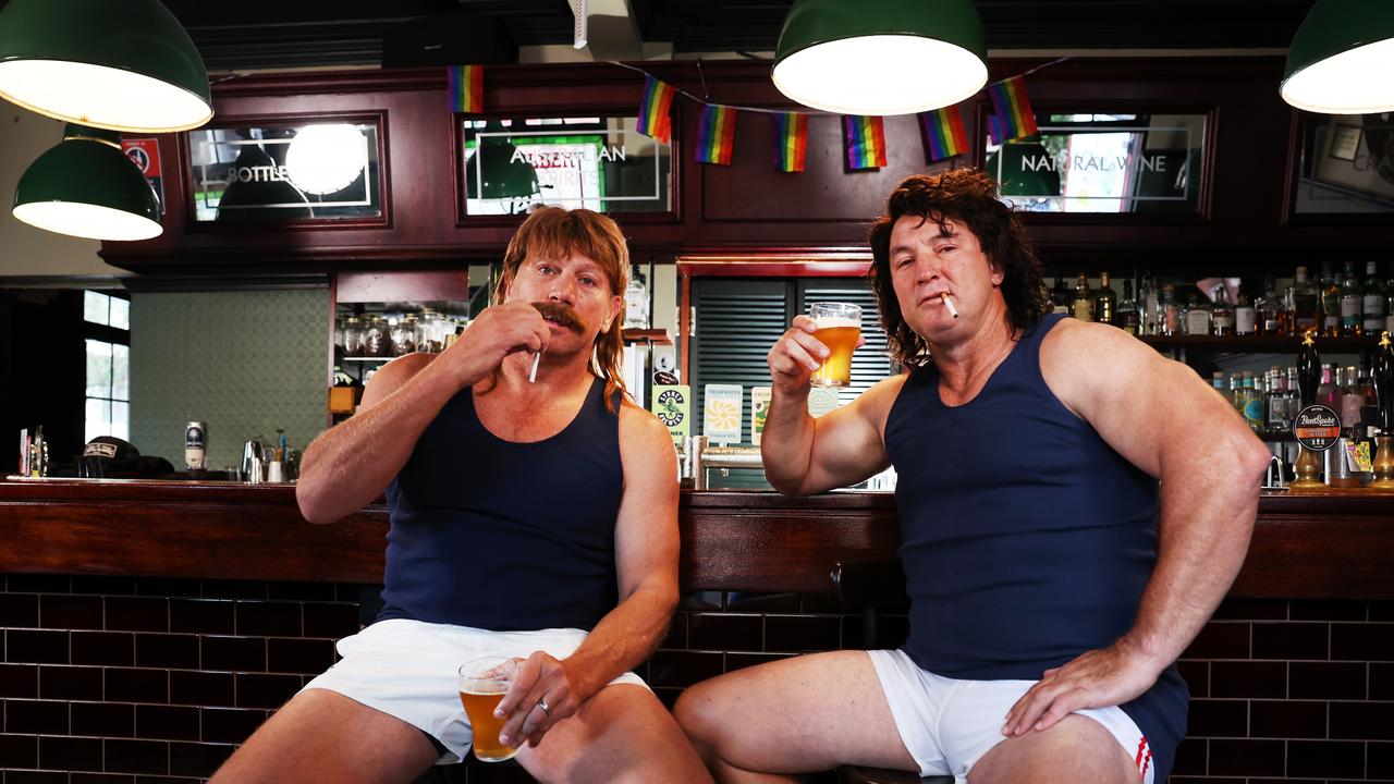 Nathan Hindmarsh and Bryan Fletcher (moustache) dressed up in character as a promo ahead of Magic Round in 2024. Picture: Rohan Kelly