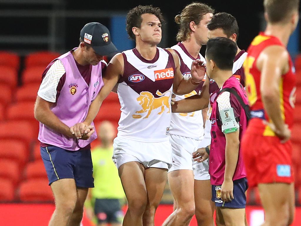 Cam Rayner tore his ACL during the pre-season match against Gold Coast. Picture: Chris Hyde/Getty Images