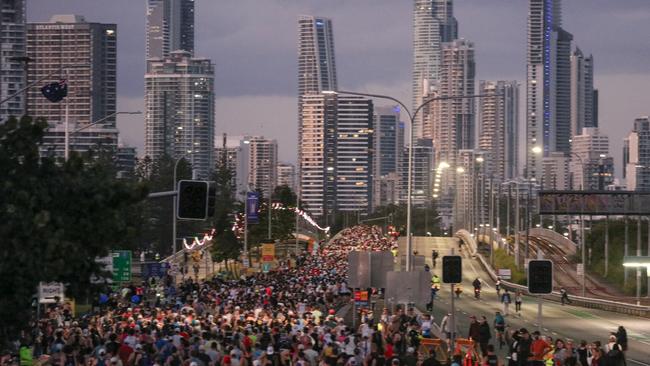 A cast of thousands underway at the start of the 2024 Gold Coast Marathon. The city continues to draw interest from holiday-makers, investors and new residents. Picture: Glenn Campbell.