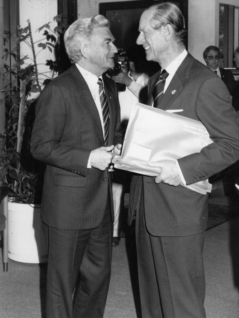 Former PM Bob Hawke with Prince Philip, Duke of Edinburgh, during 24-hour visit to Adelaide in 1986.