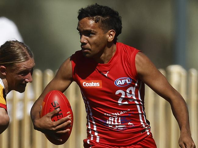 MELBOURNE, AUSTRALIA - SEPTEMBER 03: Ricky Mentha of the Power runs with the ball during the Coates Talent League Boys Wildcard Round match between Gippsland Power and Dandenong Stingrays at La Trobe University Sports Fields on September 03, 2023 in Melbourne, Australia. (Photo by Daniel Pockett/AFL Photos)