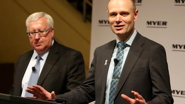 Myer’s dumped CEO Richard Umbers, right, with chairman Garry Hounsell. Pic: Stuart McEvoy